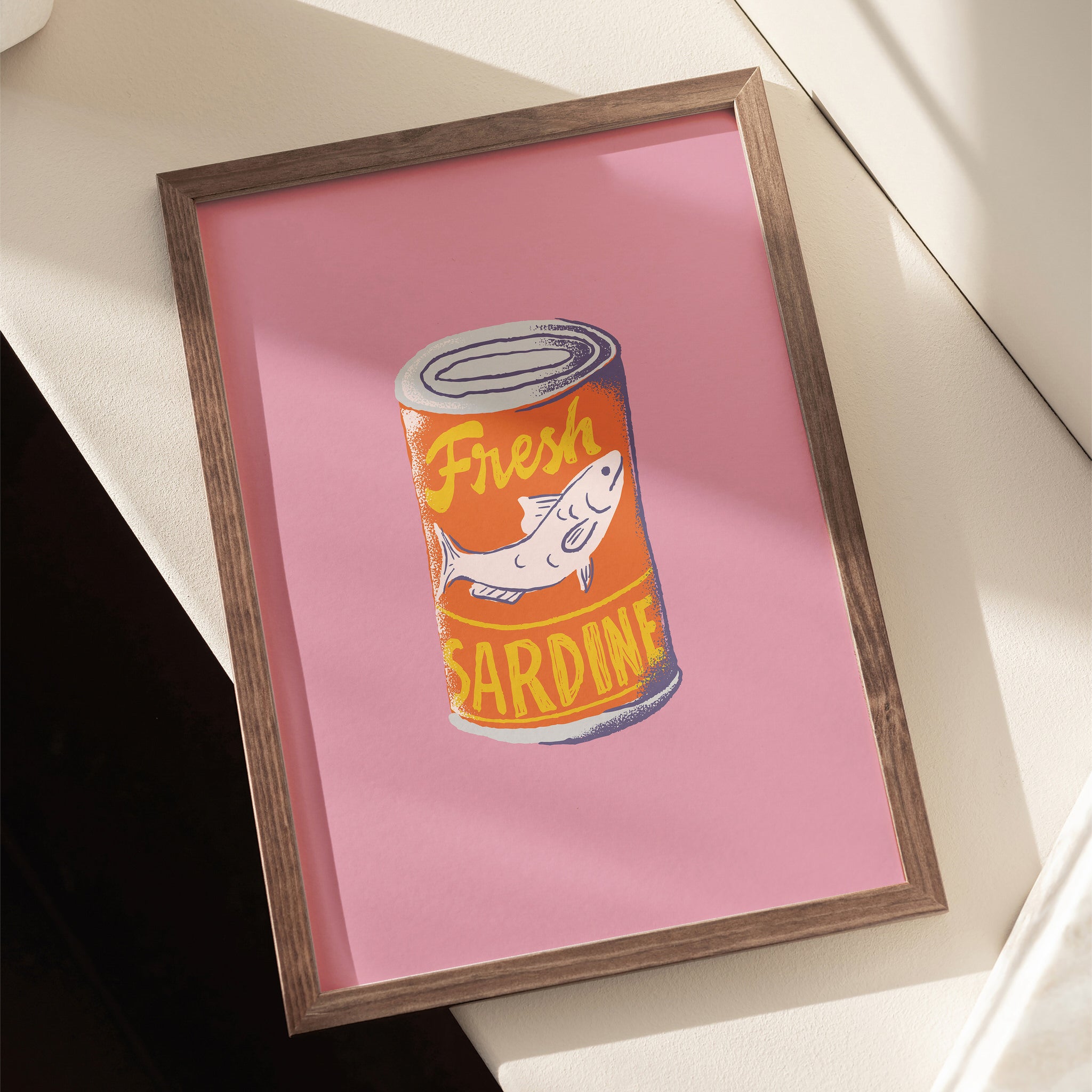 Pop art sardine can print with vintage style on pink backdrop